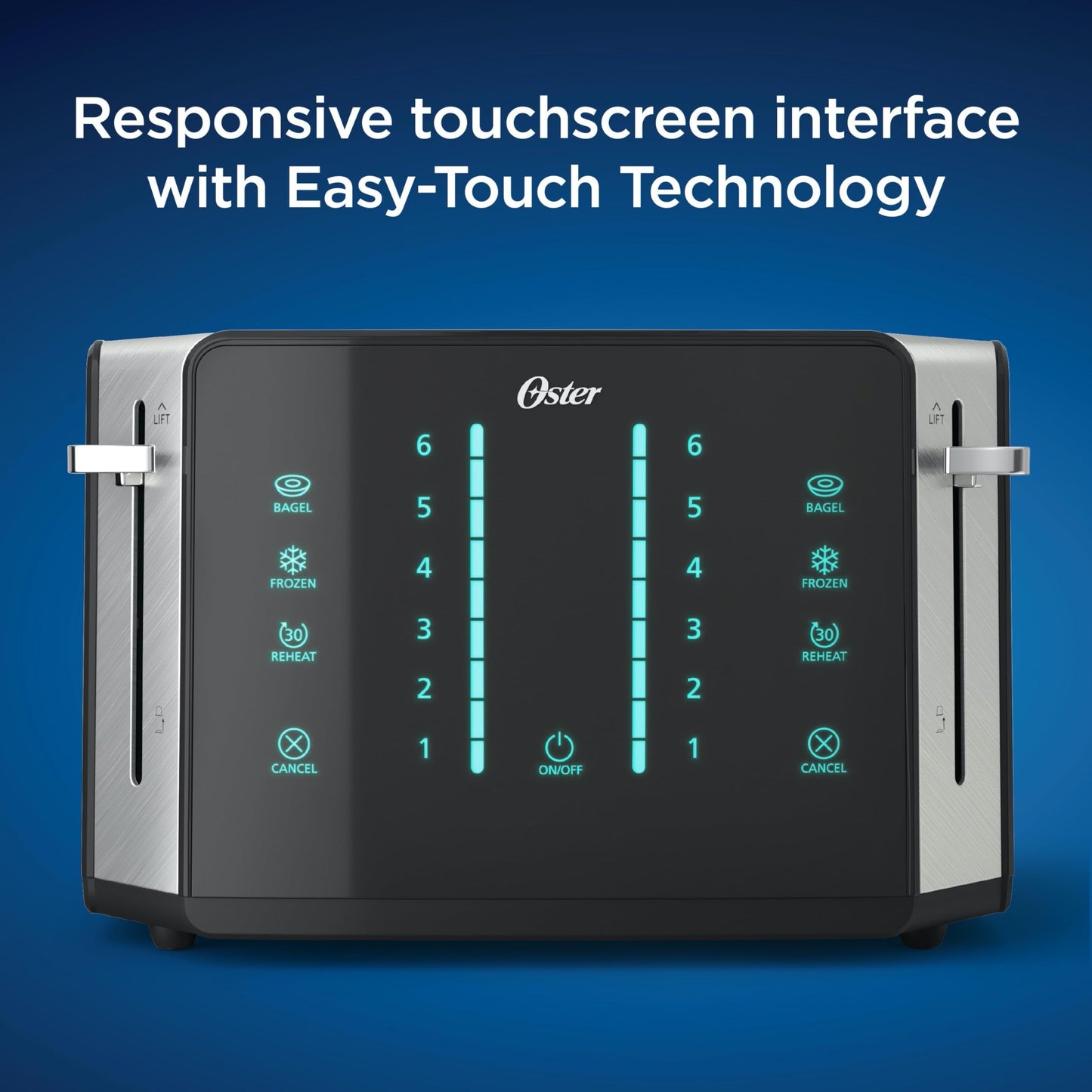 Oster 4-Slice Toaster Touch Screen Stainless Steel Digital Timer 6 Shade Settings Easy to Clean Removable Crumb Tray