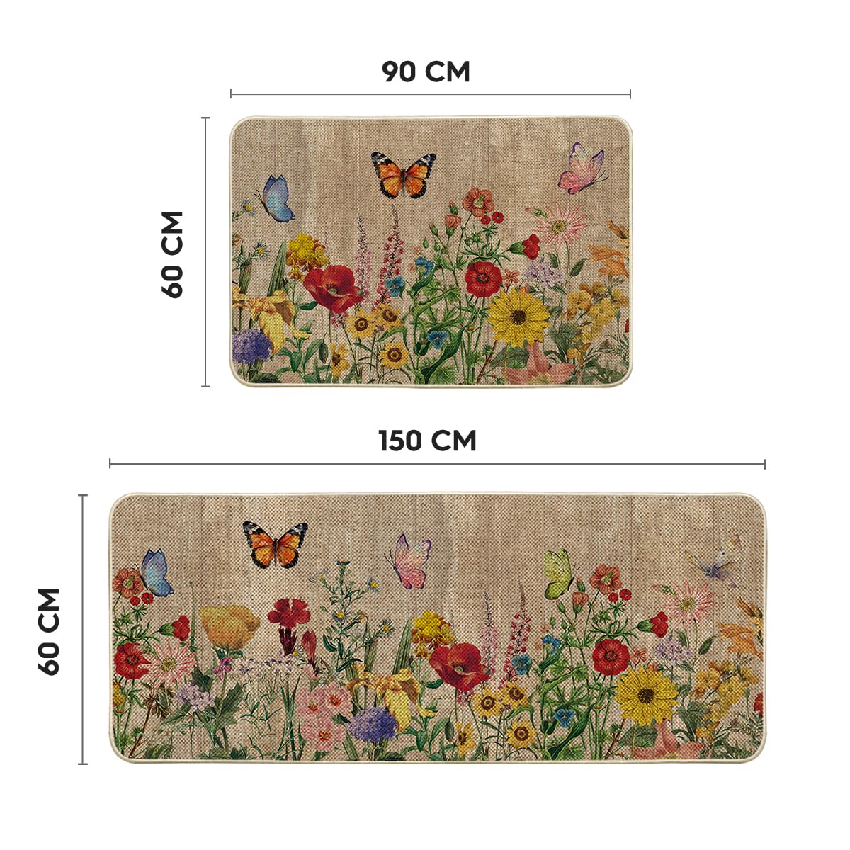 Artoid Mode Wood Flowers Butterfly Spring Kitchen Mats Set of 2, Seasonal Home Decor Leaves Low-Profile Kitchen Rugs for Floor - 24x35 and 24x59 Inch