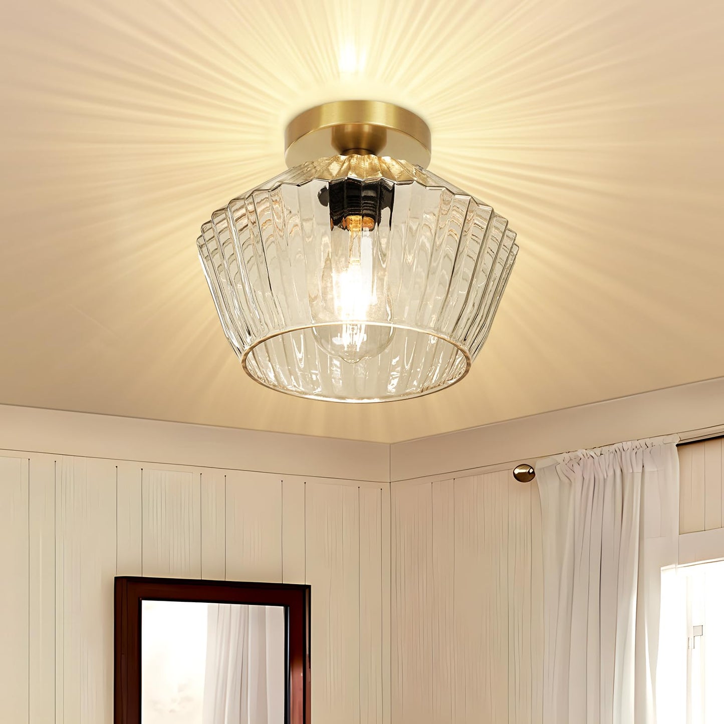 FRIDEKO HOME Semi Flush Mount Ceiling Light - Glass Hallway Lighting Fixtures Ceiling Black Ceiling Light Fixture for Hallway Bedroom Kitchen Bathroom Entryway (Bronze Gold)
