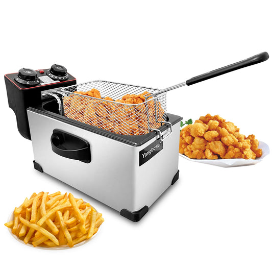 3L Deep Fryer with Basket for Home, 1300W Yangbowan Small Deep Fryers with Temperature Control, Timer Control,View Window Lid,Stainless Steel Body Electric Deep Fryer Pot for Restaurant Use