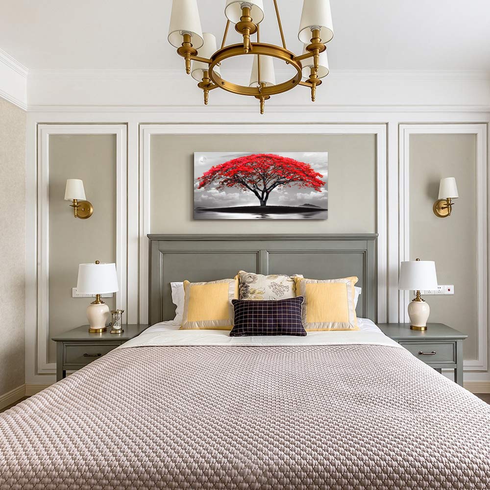canvas wall art for living room bathroom Wall Decor Black and white landscape red tree moon scenery Hang painting Home Decorations for office bedroom kitchen Works canvas Prints pictures 20" x 40"inch