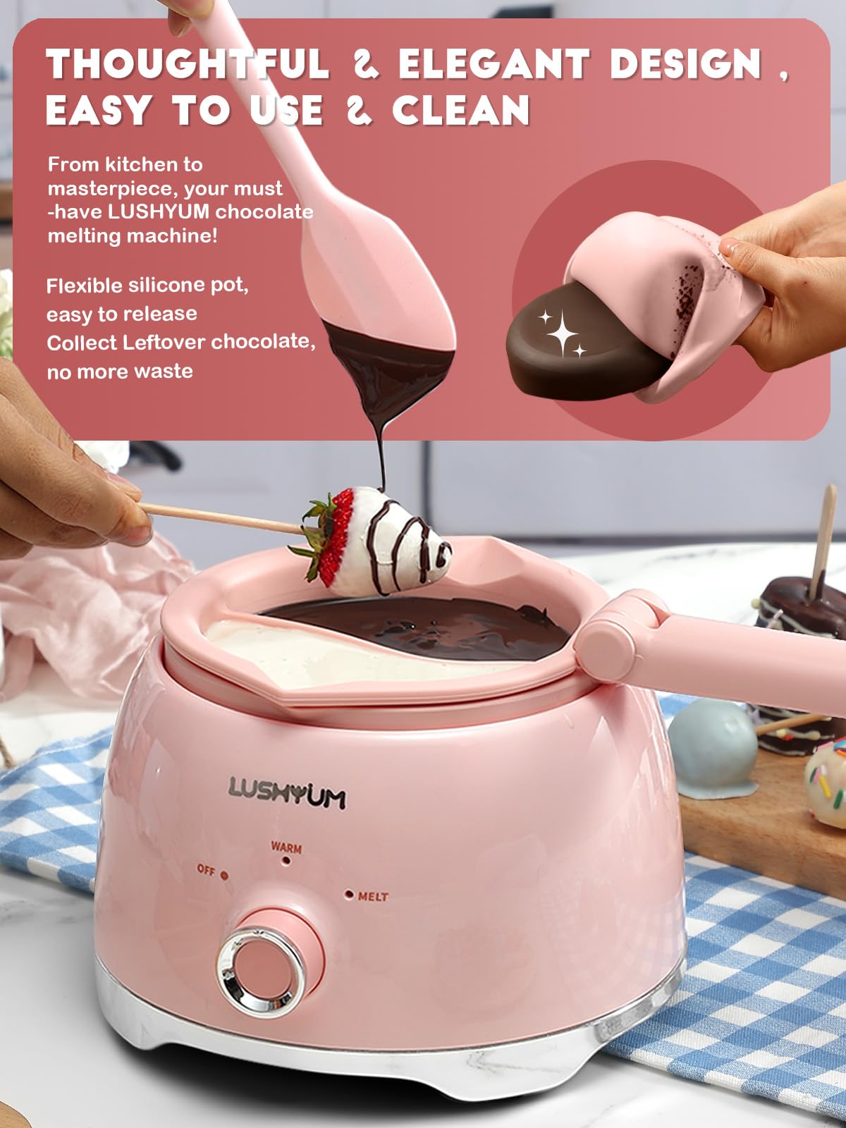 LUSHYUM Chocolate Melting Pot Candy Melts Melter with 2 Insert Pots and Spatula, 4 Cups Capacity Warmer Machine, Ideal Dipping Tool Kitchen Supplies for Making Cake Pop Covered Strawberries Fondue