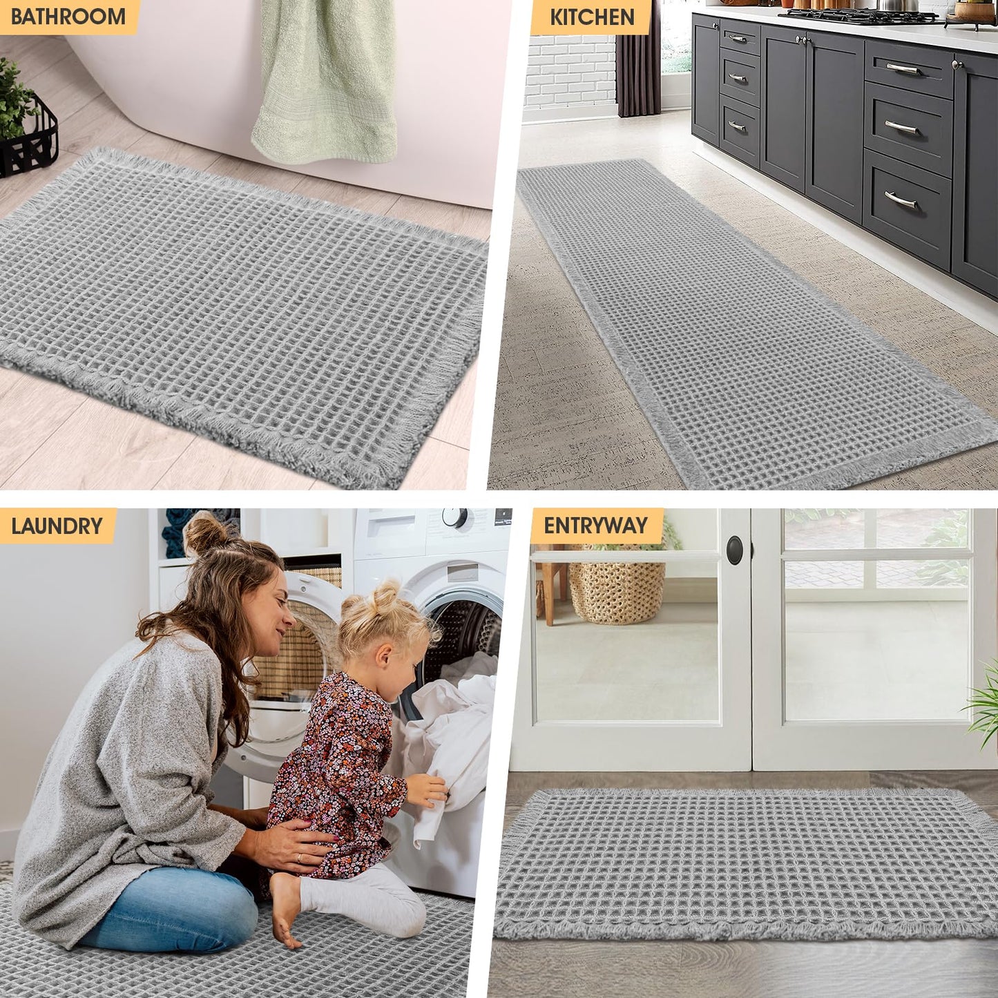 IM HOME Waffle Bath Mat Set 2 Piece Light Grey,Woven Modern Bath Rug Mats, Absorbent Non Slip Bath Floor Mat, Soft Washable Boho Bath Rugs with Tassels for Bathroom, Bedroom, Kitchen,Tub