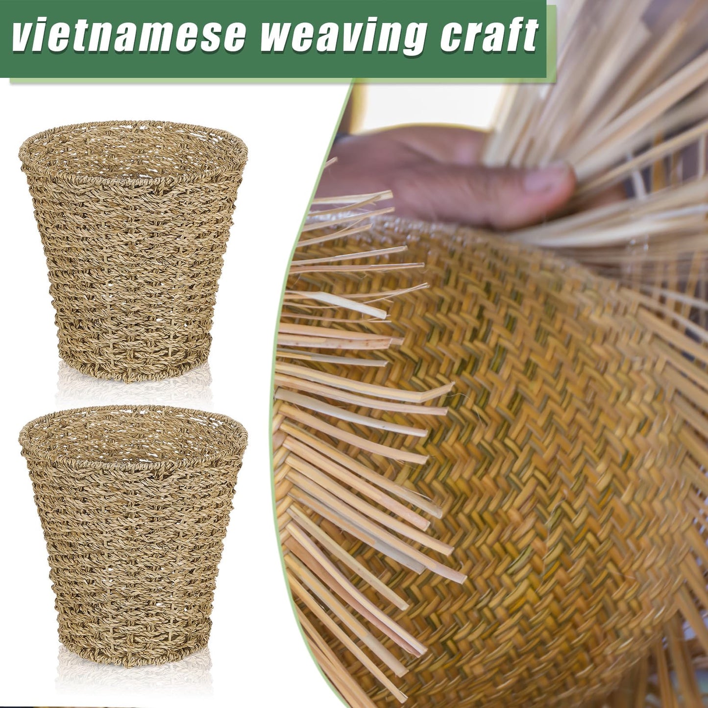 Hushee 4 Pcs Seagrass Waste Basket 3 Gallons Wicker Waste Basket Woven Rattan Trash Can Boho Wicker Garbage Can for Bathroom Bedroom Kitchen Offices Home, Brown