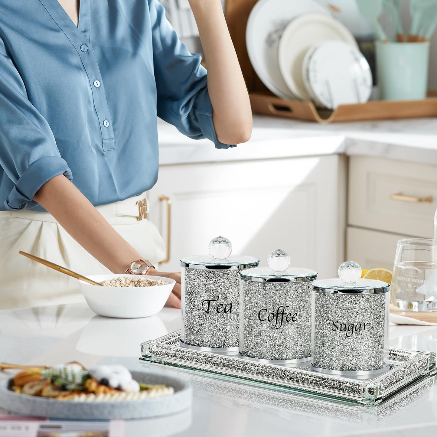 Topsky Coffee Sugar Tea Crystal Canister Set of 4,Sparkly Crystal Crushed Diamonds Home Decor,Silver Kitchen Coffee Jar Storage Set with Label & Lid,Storage Container Set for Countertop,Dining Room
