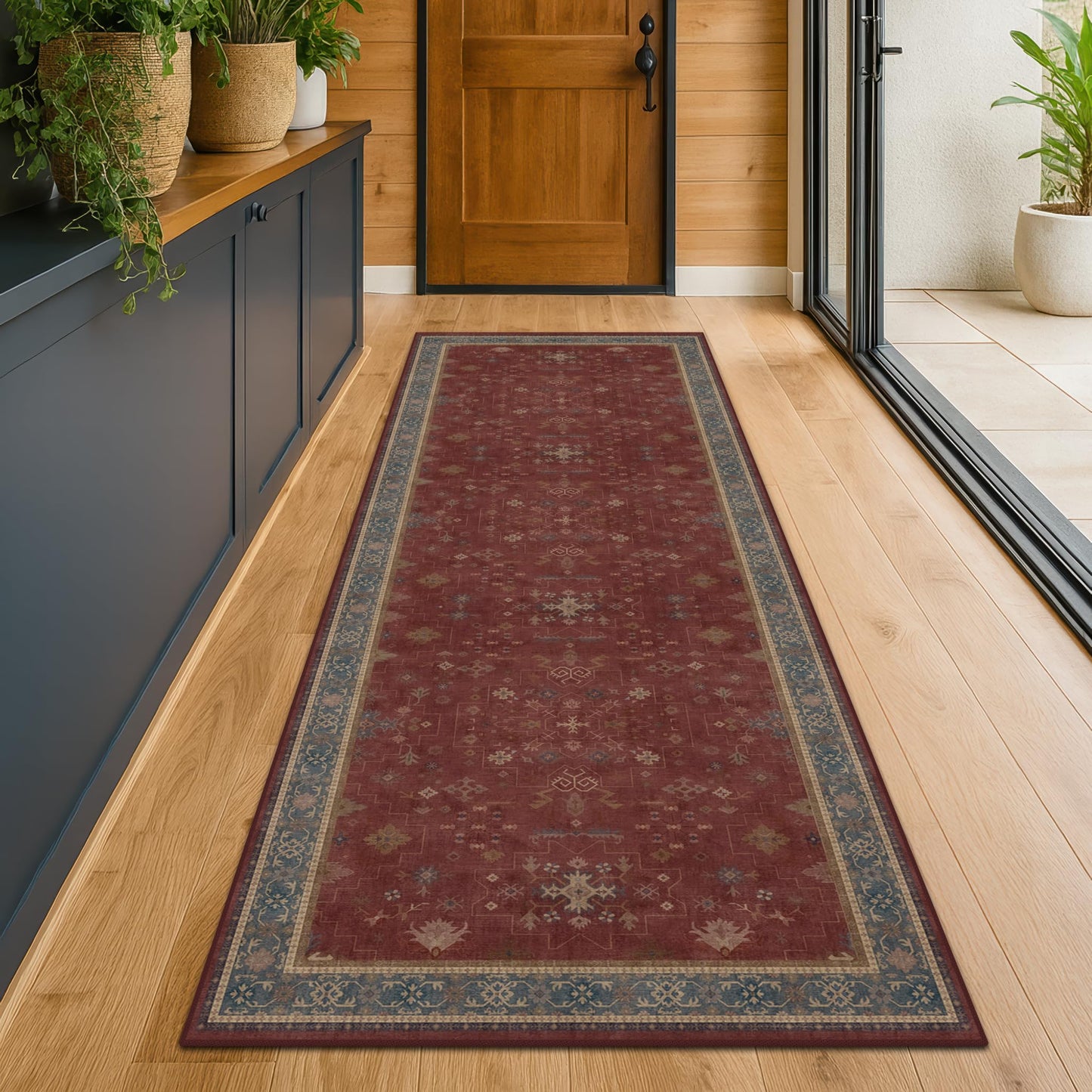 Dark Red 2'6''x8' Wide Hallway Runner Rug - Washable Kitchen Sink Rug, Non Slip 8ft Long Runner Rug for Entryway, Burgundy Turkish Floral Print Home Décor