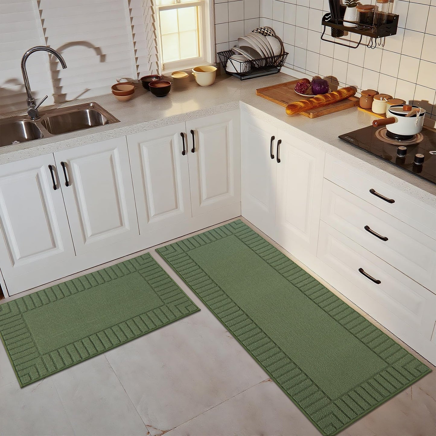 BEQHAUSE-Kitchen-Rugs-Non-Slip-Kitchen-Mats-for-Floor Machine Washable Kitchen Rugs 2 Pieces Kitchen Carpet Runner with TPR Backing,Green,24x35inch/24x60inch
