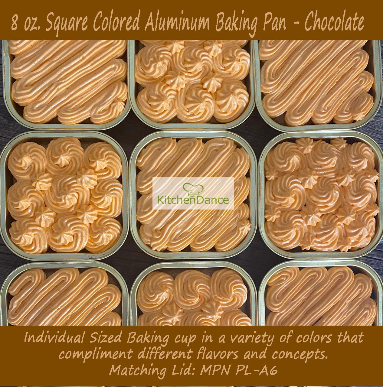 KitchenDance 4 Inch Baking Pan with Snap-On Lid - 8 oz. Square Colored Aluminum Pan - Oven, Freezer, Microwave Safe - Ideal for Catering, Restaurants, Bakeries, Home Kitchens - A6 (100, Chocolate)