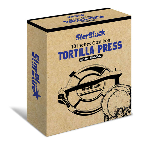10 Inch Cast Iron Tortilla Press by StarBlue with FREE 100 Pieces Oil Paper and Digital Recipes e-book - Tool to make Indian style Chapati, Flour Tortilla, Roti