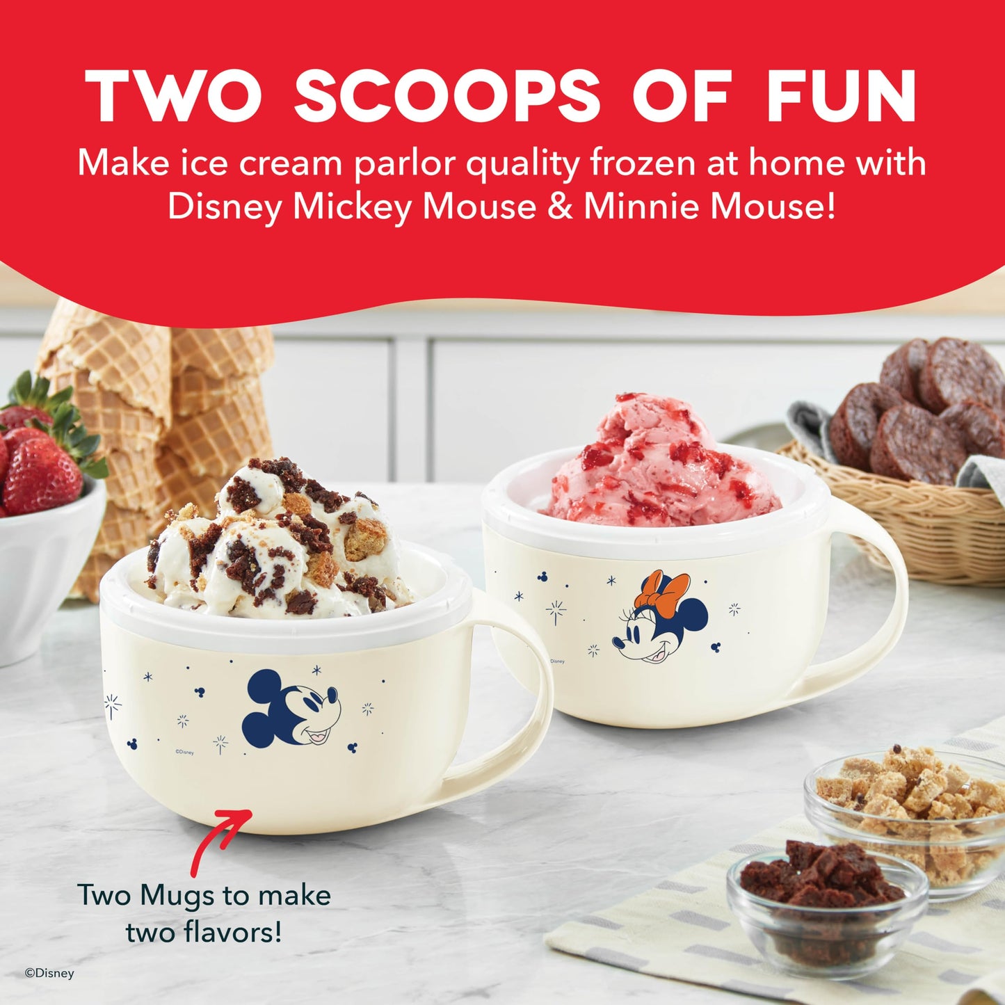 Disney Dash My Mug Ice Cream Maker Bundle - Mini Electric Ice Cream Maker - Creates Gelato, Sorbet & Frozen Yogurt - Easy to Clean & Use - 2 Mugs, Mickey & Minnie Design