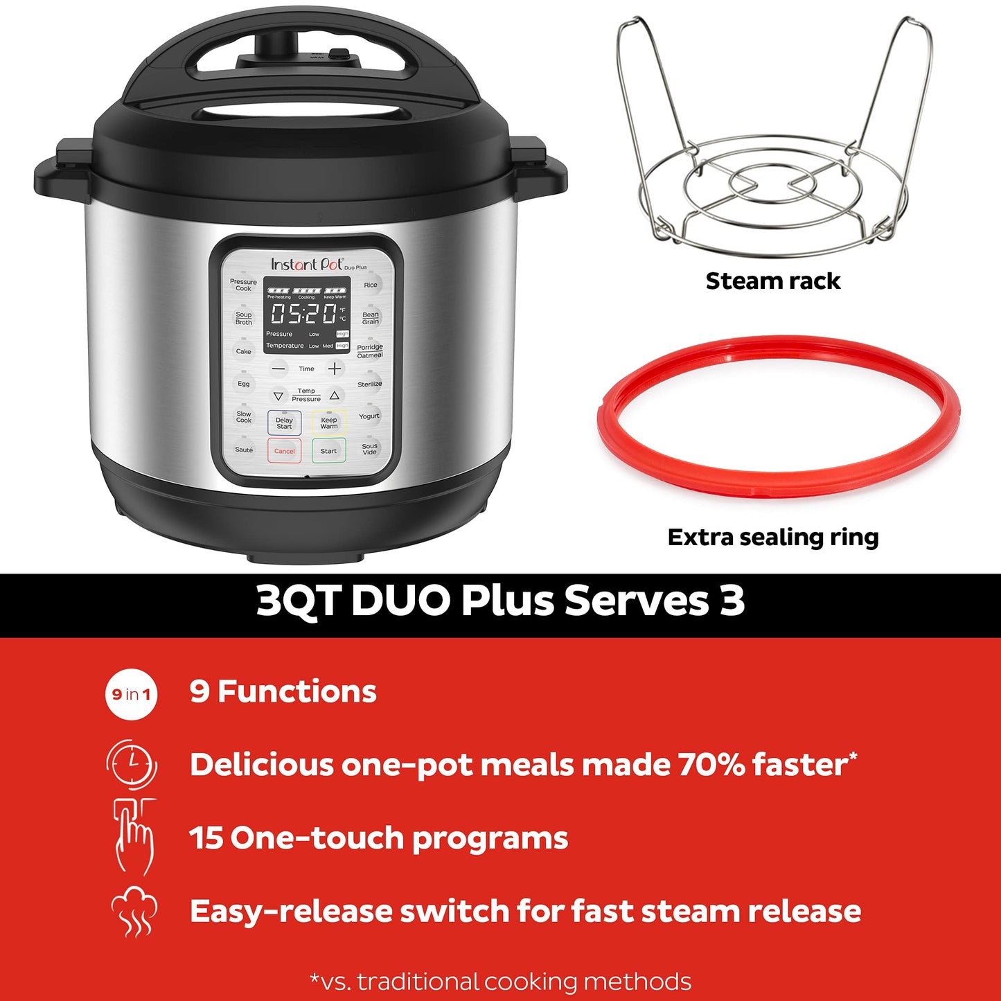 Instant Pot Duo Plus 9-in-1 Electric Pressure Cooker, Slow Cooker, Rice Cooker, Steamer, Sauté, Yogurt Maker, Warmer & Sterilizer, Includes App With Over 800 Recipes, Stainless Steel, 3 Quart