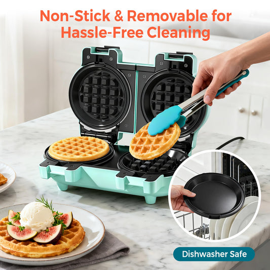 2-in-1 Double Waffle & Pancake Maker - CACHOO Mini 4" Nonstick Waffle Iron & Small Round Griddle with 4 Removable Plate Sets, Dishwasher Safe, Perfect for Small Spaces, Apartments & Dorms, Aqua