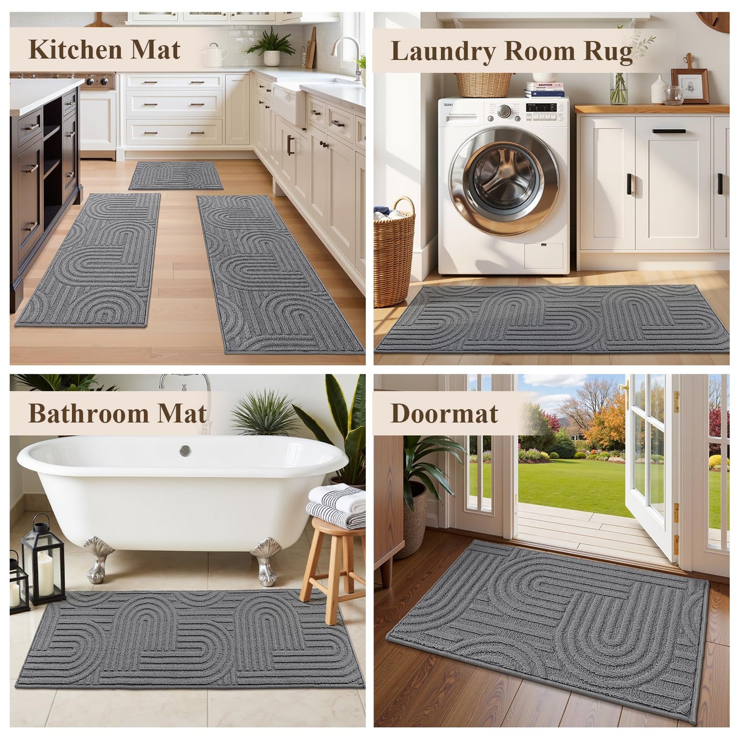 U'Artlines Kitchen Rugs and Mats Set of 3, Non Skid Washable Grey Geometric Kitchen Mats for Floor, Absorbent and Stain Resistant Floor Mat for Laundry, Sink Decor 20x32+20x48+20x59