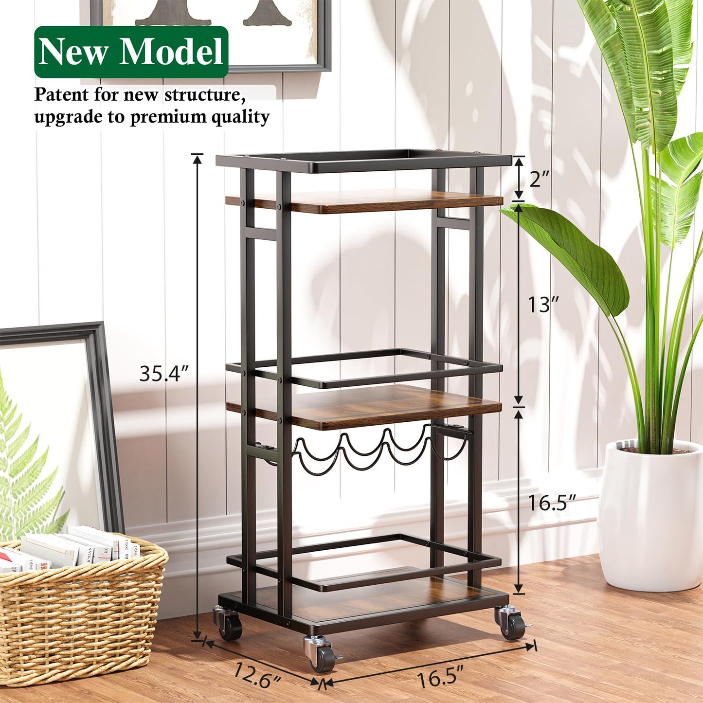 OKZEST 3-Tier Liquor Cabinet with Wine Rack, Mini Bar Cart for Home, Small Liquor Bar for Alcohol, Rolling Kitchen Serving Cart on Wheels, Wine Drink Cart for Party, Bar Stand for Small Space