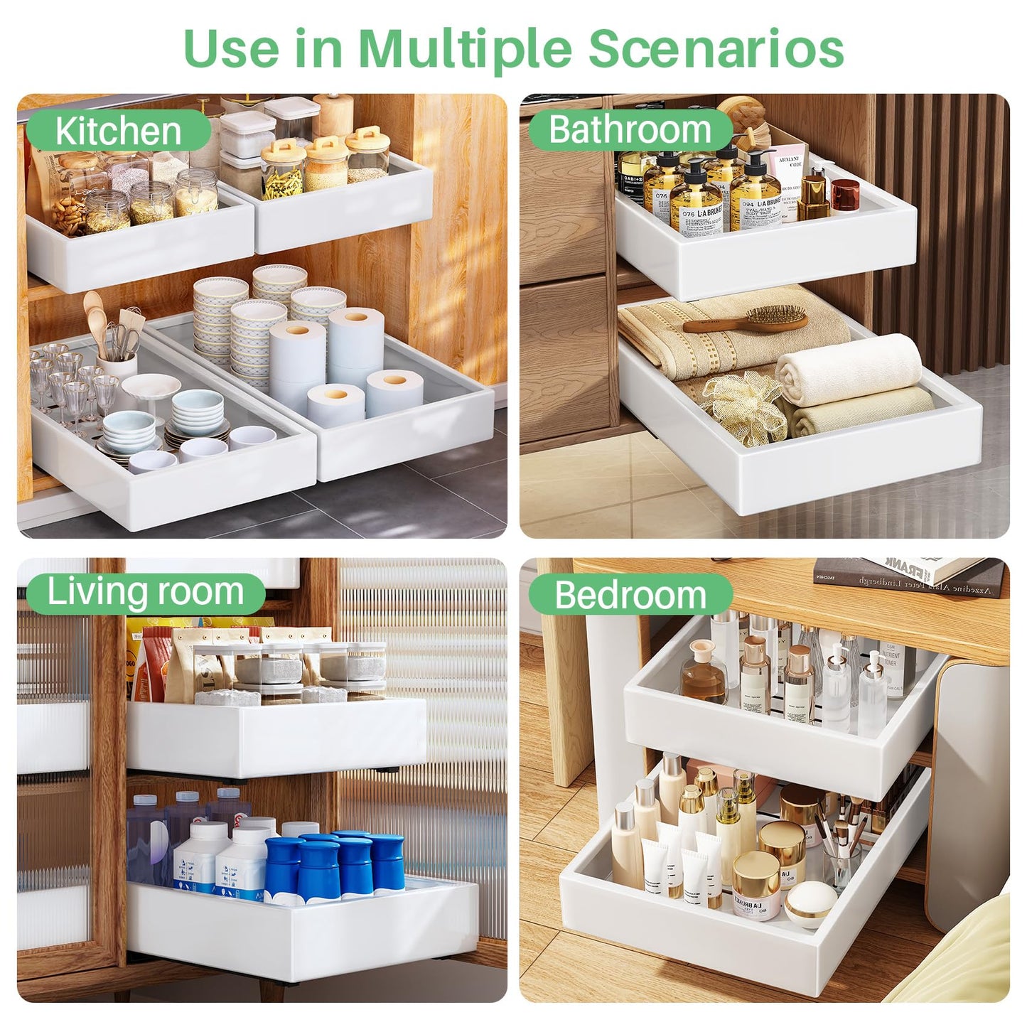 Pull out Cabinet Organizer, 21"Deep, Heavy Duty Full-Extension Slide out Drawers for Kitchen Cabinets with Nano Adhesive, Roll Out Shelf Sliding Cabinet for Pots, Bathroom, Pantry, Under Sink, White