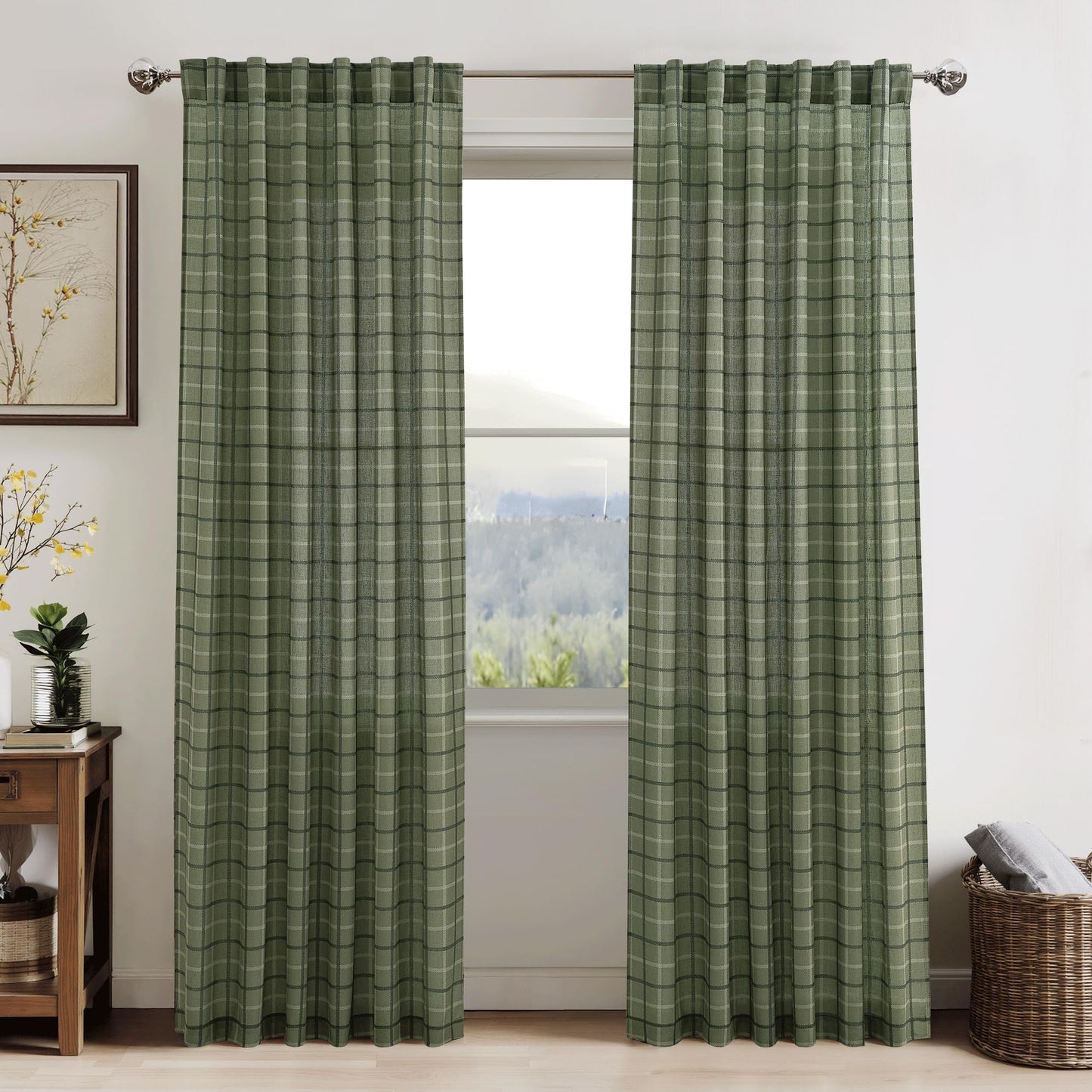 RYB HOME Green Plaid Curtains for Living Room Dining Room, Linen Blend Light Filtering Semi-Sheer Privacy Farmhouse Checkered Window Treatment for Kitchen Bedroom, W52 x L96 Inch, 2 Panels