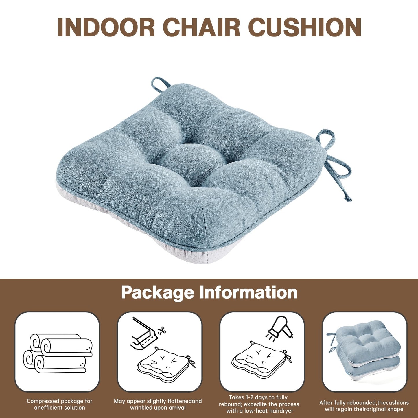 BETU Chair Cushions for Dining Chairs Set of 6,3.5" Thick Kitchen Table Chair Pads with Ties,Non Slip Backing and Covers, Seat Cushion for Dining Room,Bar,Patio Chairs,15.5"X15.5"X3.5",Smoky Blue