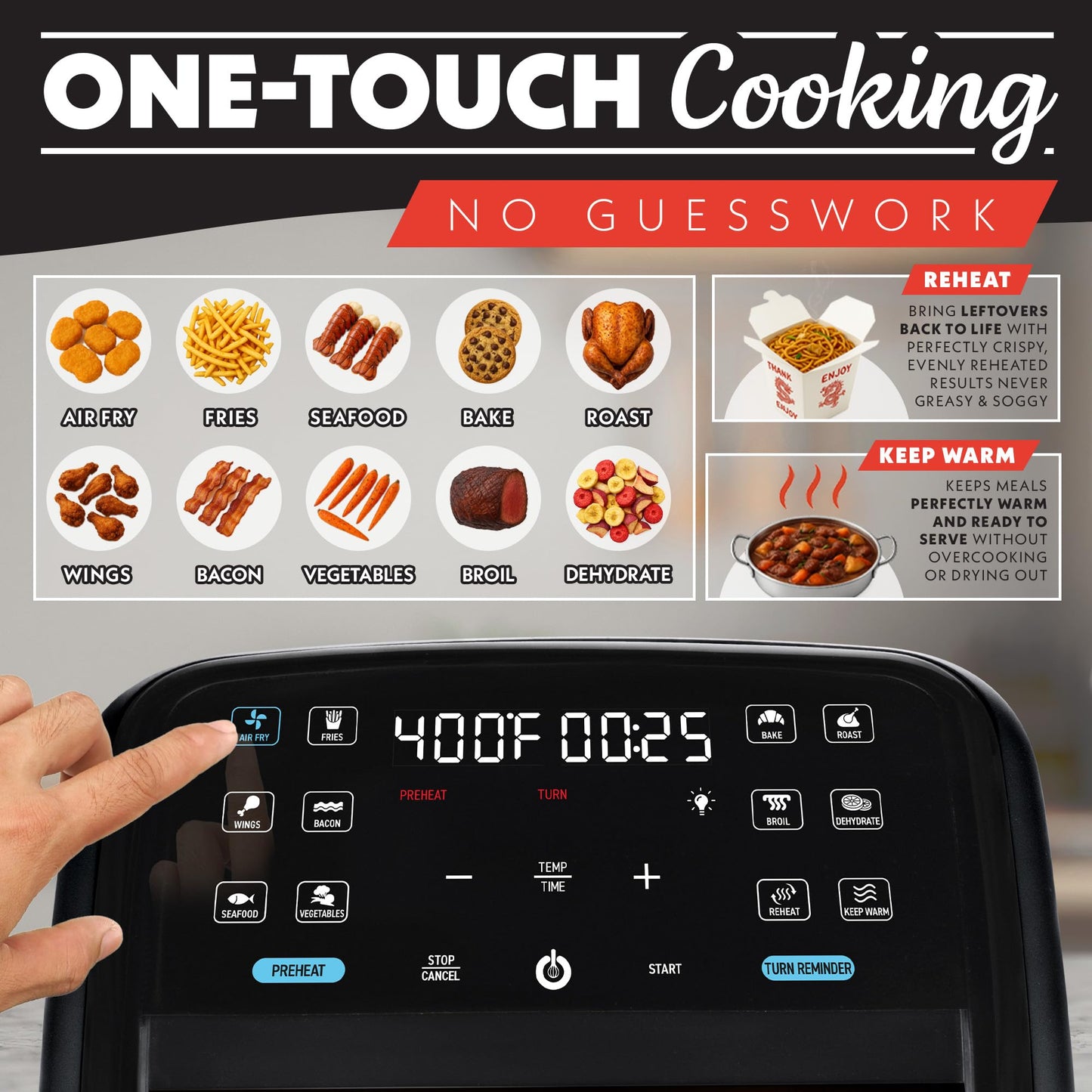 Gourmia Air Fryer 7 QT - Easy View Panorama Window & Interior Light, Guided Cooking with 12 One-Touch Presets, FryForce 360, Dishwasher Safe Accessories, Black
