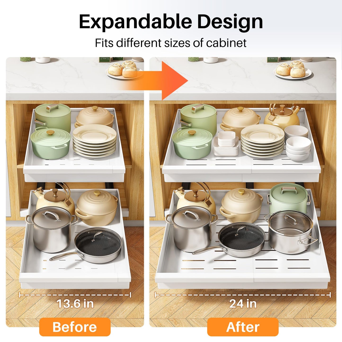Pull out Cabinet Organizer, 1-Pack Expandable(13.6"-24") Silde out Drawers with Raising Pad for Framed Cabinets, Adjustable Full-Extension Adhesive Roll out Shelves for Kitchen Pantry Home Pot and Pan