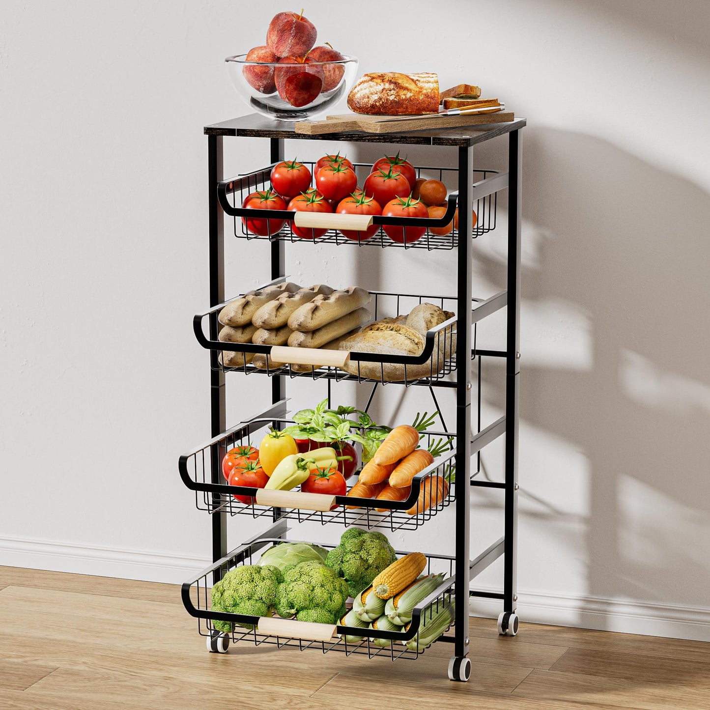 JAQ 5-Tier Fruit Vegetable Storage Cart with Wood Top, Rolling Kitchen Basket Organizer with Ergonomic Wood Handle & Wheels for Snacks Produce, Heavy Duty Metal Vianderos para Cocina Modernos, Black
