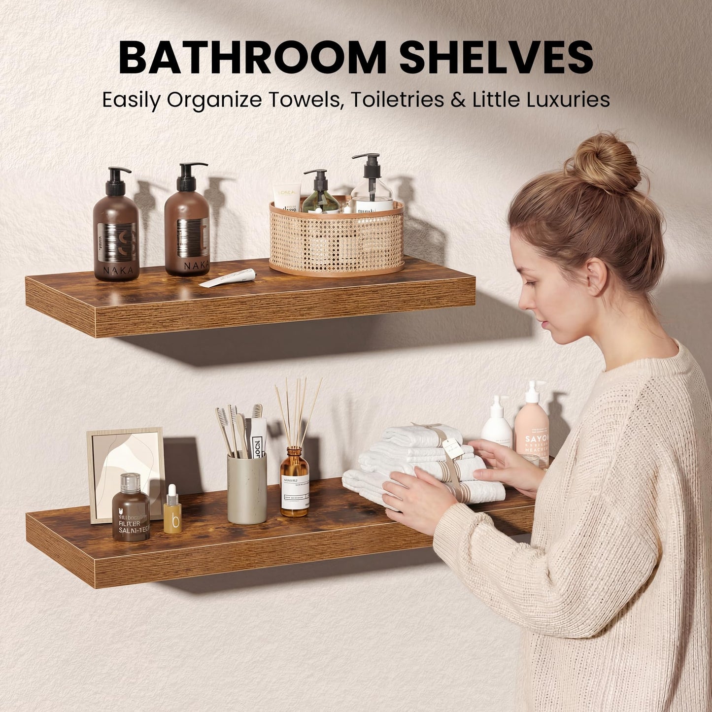 Floating Shelves Set of 2, 12 Inch Deep Floating Shelves with Heavy Duty Brackets, 20'' Rustic Wood Wall Mounted Shelf for Bathroom, Bedroom, Living Room & Kitchen, Modern Home Decor Storage, Brown