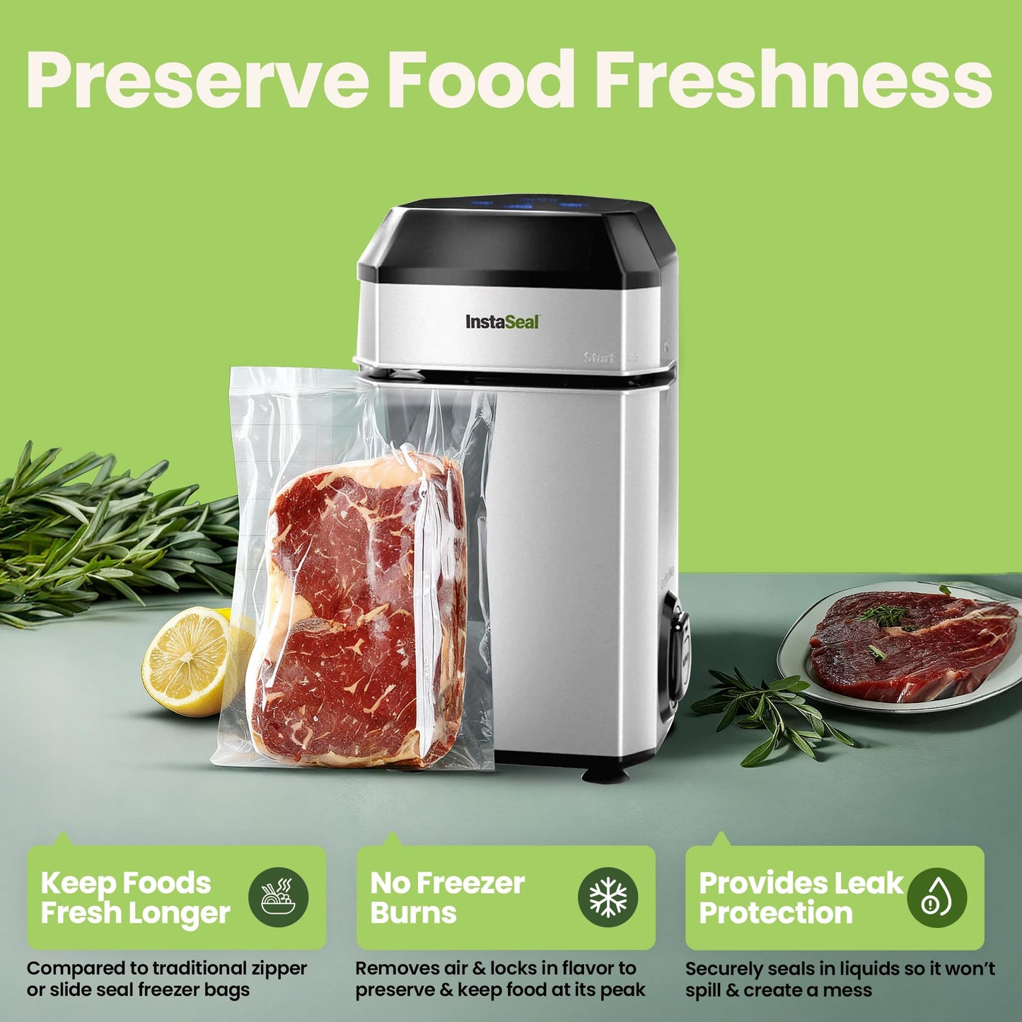 InstaSeal Vacuum Sealer for Food with 12 Bags, Preserves Foods 5x Longer, Space Saving Compact Upright Design Allows Machine to Seal Marinades, Soups, Meats for Sous Vide Cooking, Vegetables