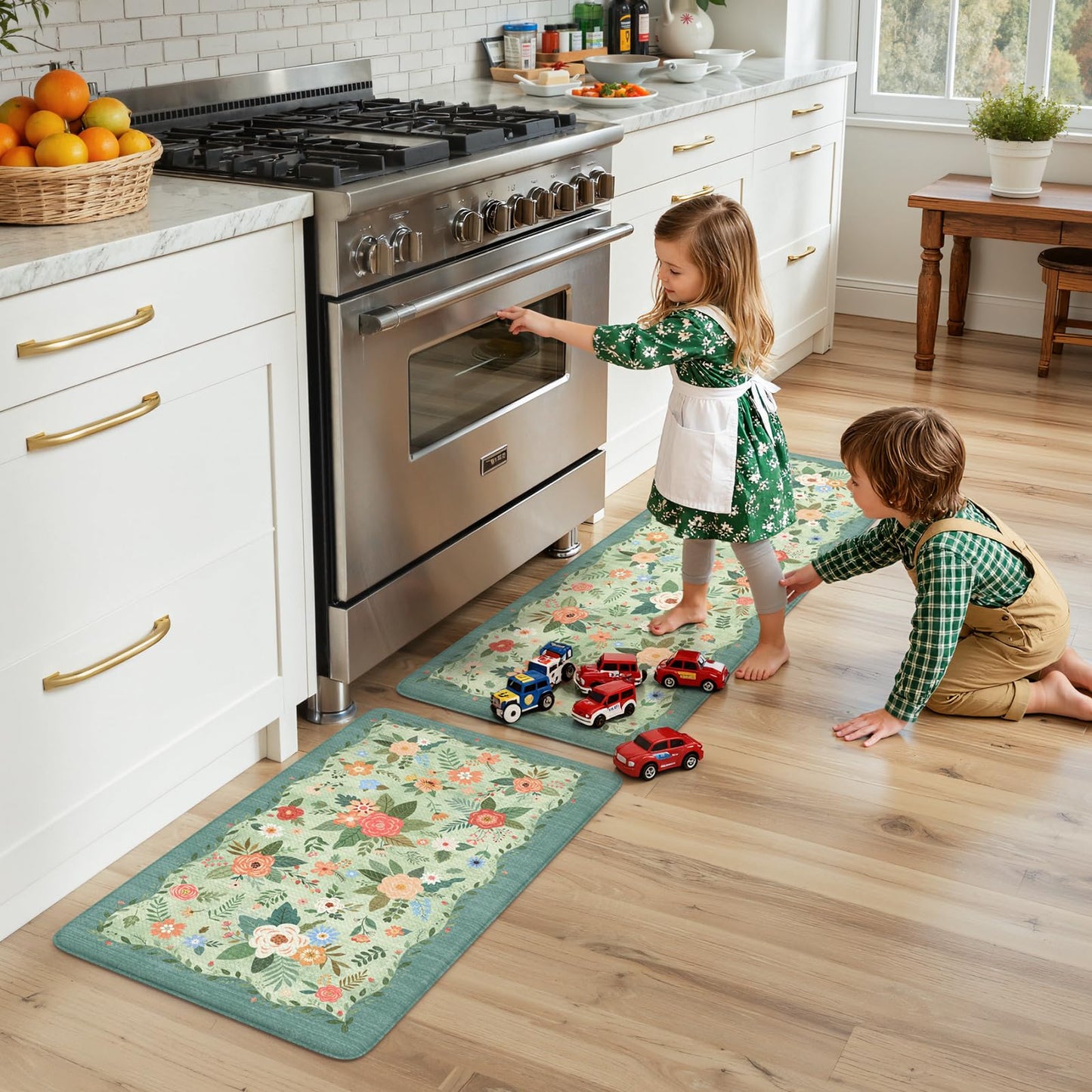 KIMODE Kitchen Mats for Floor Cushioned Anti Fatigue, Green Floral Kitchen Rugs Sets of 2, Boho Rugs for Kitchen Floor, Comfort Kitchen Floor Mats, Standing Desk Mat for Sink Laundry 20"x47"+20"x32"