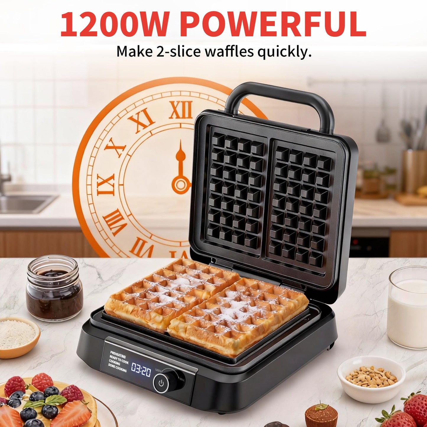 Waffle Maker, 1400W Belgian Waffle Maker, Dual Rectangular Thick Waffle Iron, 7-Level Browning LED Panel, Nonstick Plates, Anti-spill Design, Audible Ready Beep, Easy Cleanup, Stainless Steel