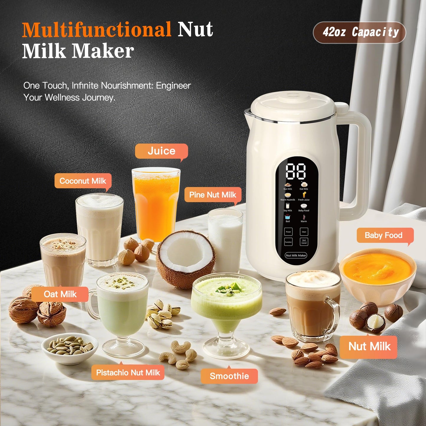 10 in 1 Nut Milk Maker Machine, 42oz IMD Screen Almond Milk Maker, Soy Milk Maker with Self-Cleaning, Delay Start, Keep Warm, Boil Water, Automatic Plant-Based Milk Blender for Soybean, Oat, Coconut