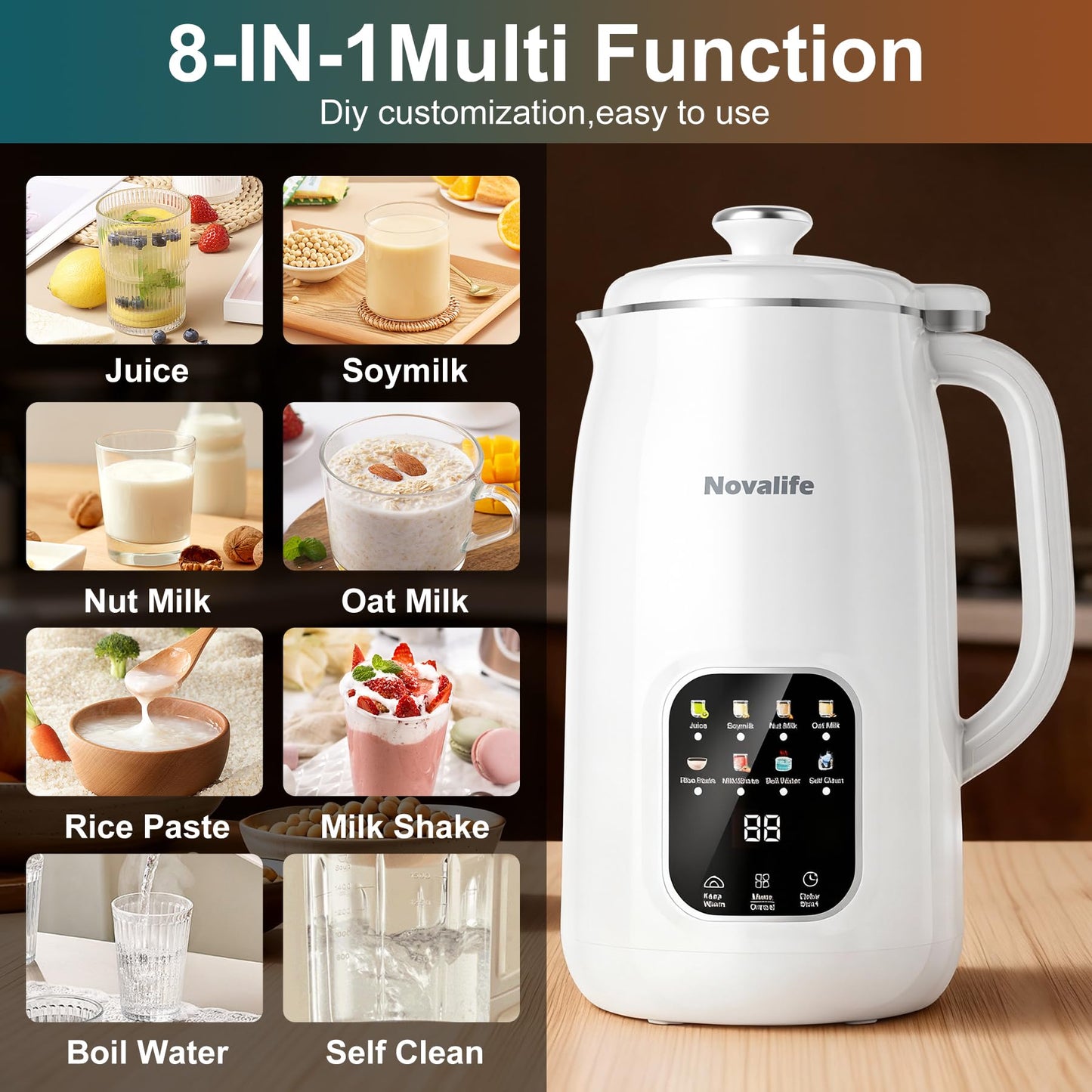 8 in 1 Nut Milk Maker Machine, 40oz Automatic Soy Milk Maker Blender, Homemade Soy Milk, Almond Milk, Oat Milk,Juice, Plant Based and Non Dairy Beverages, 12H Delay Start/Keep Warm/Self Cleaning