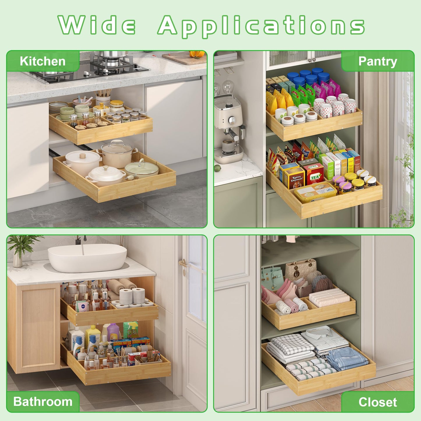 LUHENPING No Drill Pull Out Drawers for Cabinets, 20" W x 21" D Bamboo Adhesive Cabinet Organizer, Slide Out Shelves for Kitchen Pantry Bathroom Storage