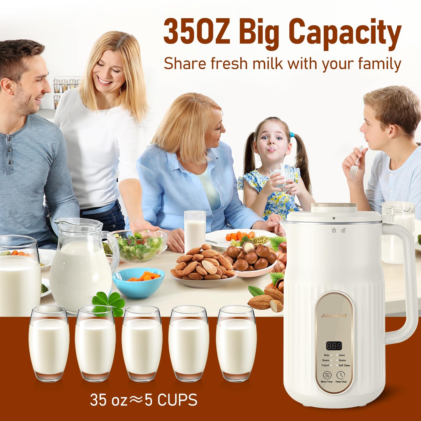 Nut Milk Maker, AlfaBot N2 Automatic Almond Milk Machine for Homemade Plant-Based Milk, Oat, Soy, Yogurt, 5 Modes/35OZ Big Capacity Soy Milk Maker with Delay Setting and Self Cleaning (Cream)