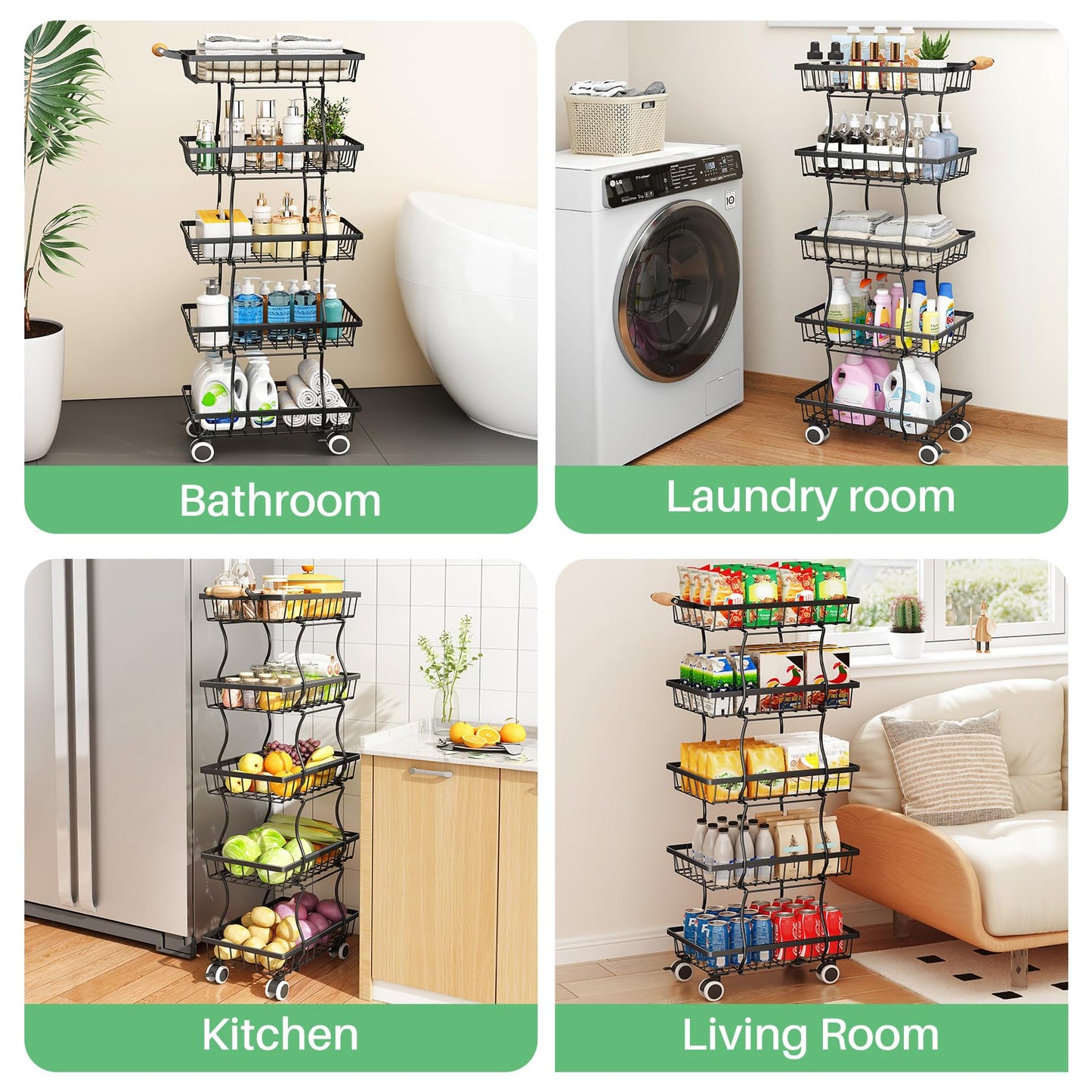 SAYZH Fruit Basket Kitchen Pantry Organizers and Storage - 5 Tier Stackable Metal Wire Basket Stand for Fruit Vegetable Snacks Jars Bins Containers Organization, (Black, 5 Tiers)