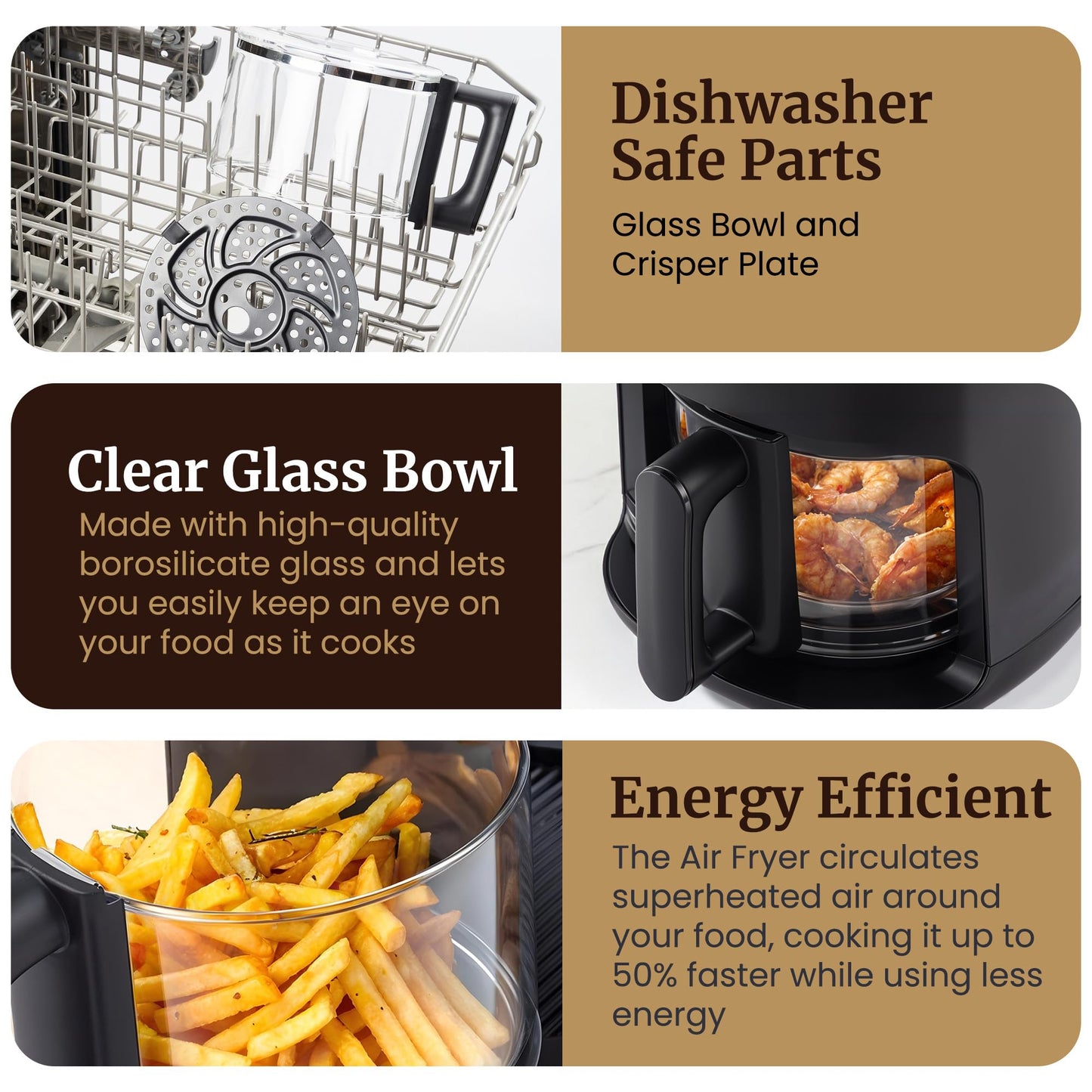 Elite Gourmet Glass Air Fryer, 2.4 Qt Compact Size for 1–2 People, PFAS-Free Ceramic & Glass Basket, Visible Cooking, Adjustable Temp 175–400°F, 1150W, Black