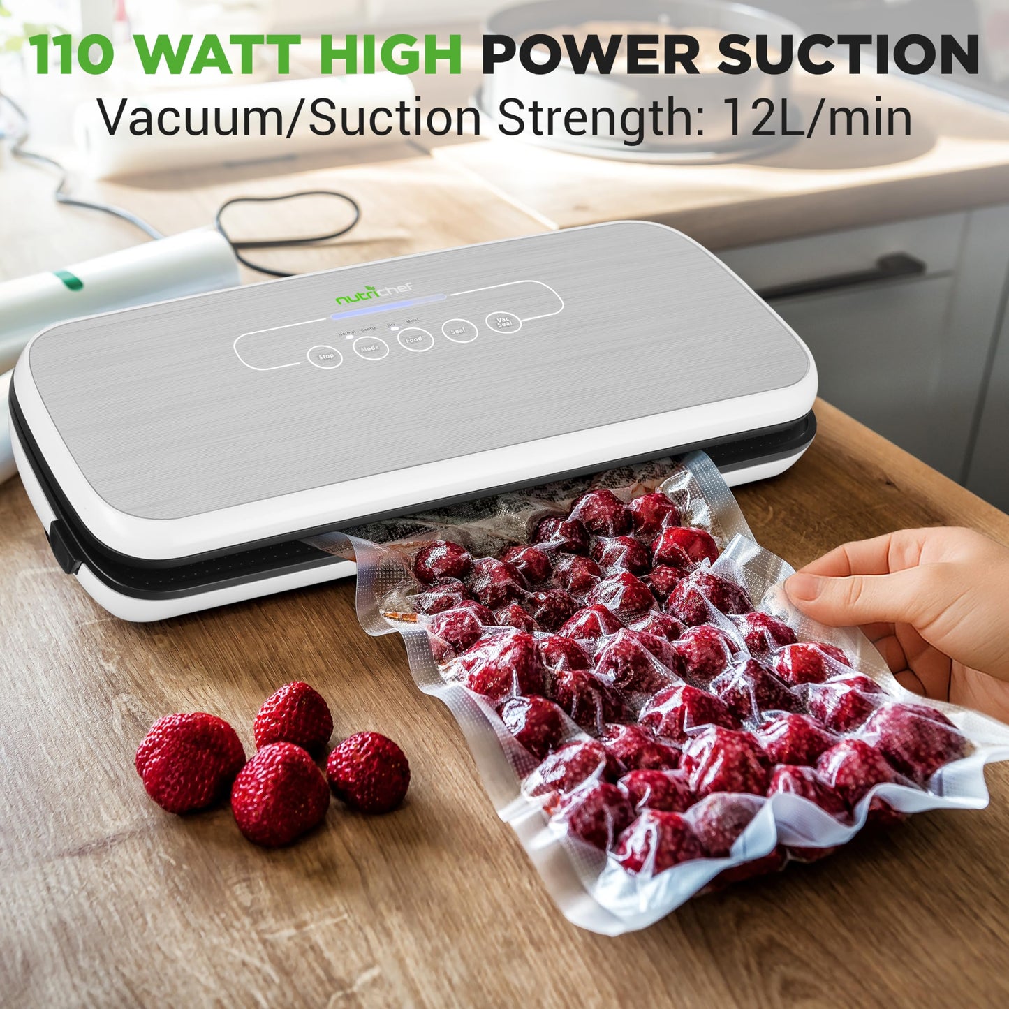 NutriChef Food Vacuum Sealer Machine - Automatic Air Sealing System for Dry & Moist Foods, LED Touch Controls, Includes Vacuum Bags, Hose & Wine Stopper, High Suction Power, 14"x6"x3", Silver