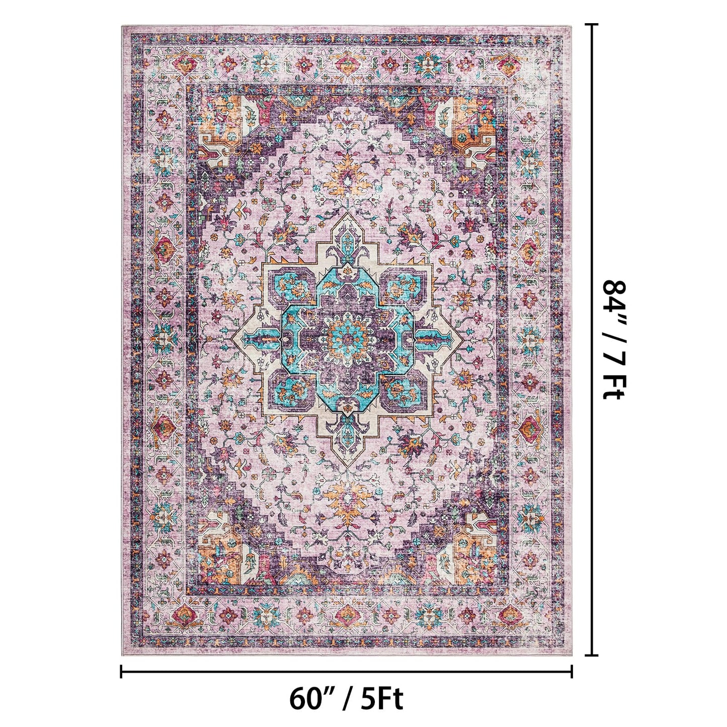 Softlife Washable Area Rug for Living Room, 5x7 Purple Large Boho Accent Rugs for Bedroom Bathroom Kitchen Under Dinning Table, Neutral Non-Slip Carpet for Nursery Kids Laundry Dorm Home Decor