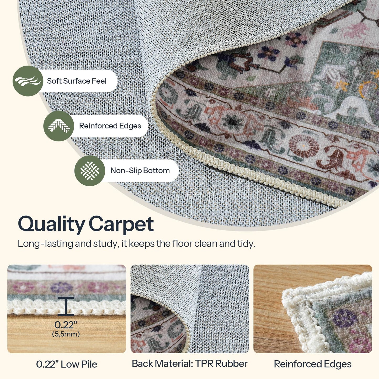 HOOBRO 6 x 9 ft Area Rugs for Living Room, Washable Non-Slip Stain Resistant Rug, Large Carpets, Pet Friendly Low Pile Soft Rug, for Bedroom Kitchen Dining Room Home Office, Vintage Green GN04AR01