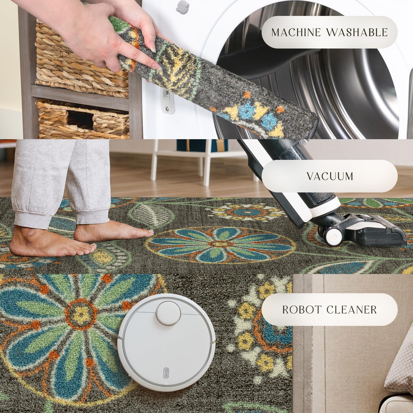 Maples Rugs Reggie Floral Runner Rug - Made in USA - Washable, Non Slip Indoor Carpet for Kitchen, Hallway, and Laundry Room, 2'6" x 6', Dark Grey