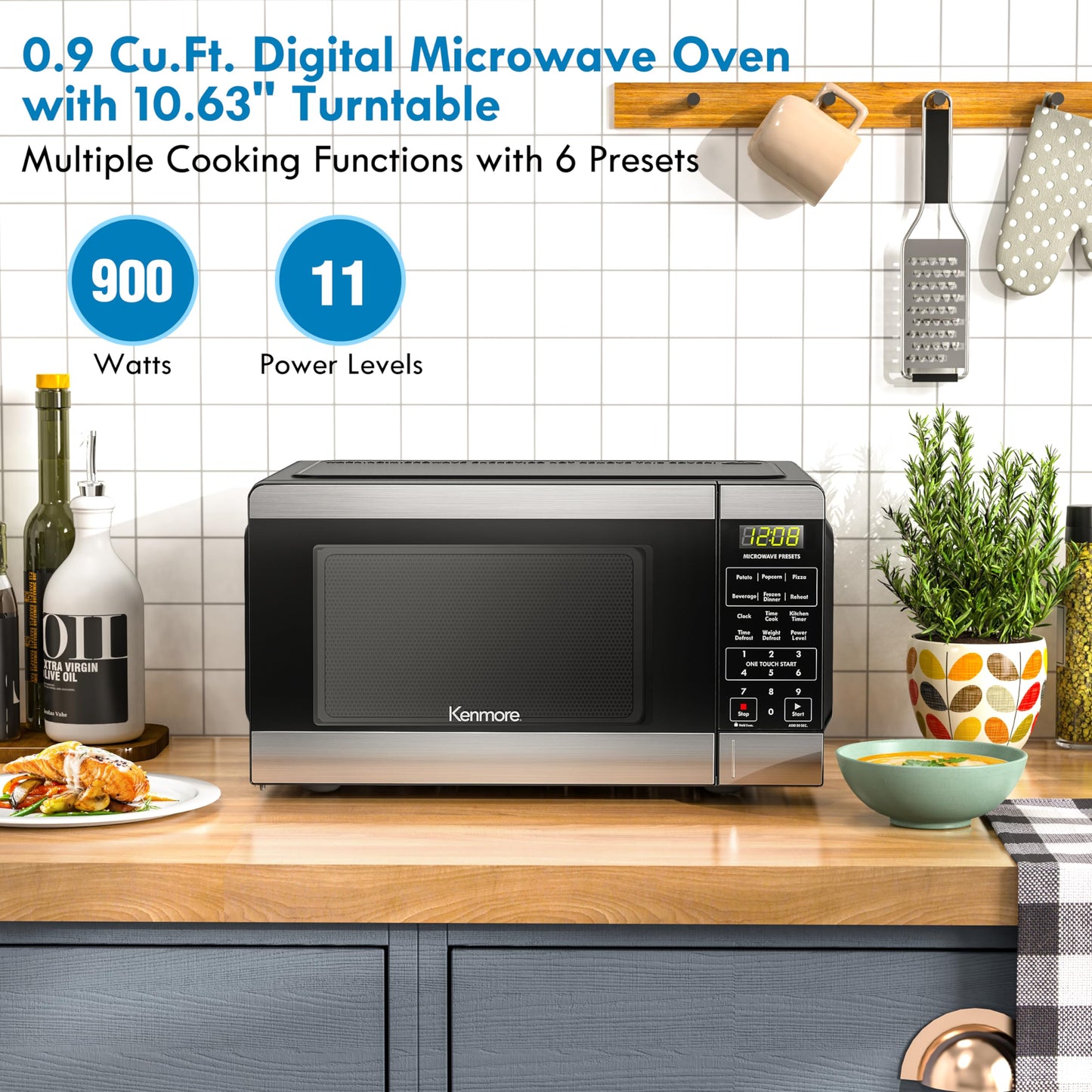 Kenmore Countertop Microwave, 6 Auto-Preset Menus, Child Lock, Defrost & Express Cooking Features, 900 Watt, .9 Cu Ft, Stainless Steel