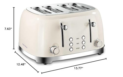 4 Slice Toaster Roter Mond Retro Stainless Steel with Bagel Defrost Cancel Function, 6 Browning Settings, Extre Wide Slot and Removable Crumb Tray, Cream, ST033