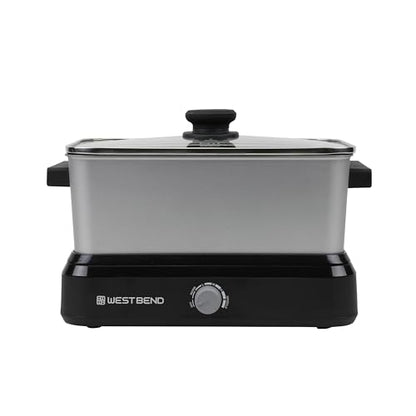 West Bend Versatility Slow Cooker Large Capacity Non-stick Cooking Vessel & Variable Temperature Heating Base Includes Travel Lid and Storage Bag, Range and Oven-Safe Cooking Pot, 5-Quart, Silver