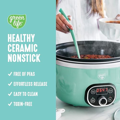 GreenLife 6QT Ceramic Slow Cooker, PFAS-Free, Programmable, Removable Healthy Nonstick Pot for Family Meals, Sear on Stovetop, Keep Warm, Digital Timer, Dishwasher Safe Crock, Turquoise