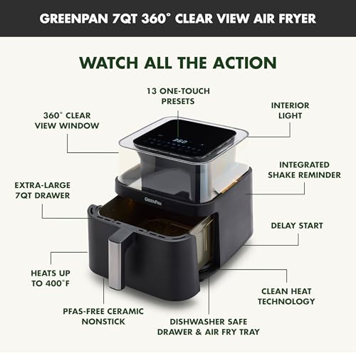 GreenPan Clearview Extra Large 7QT Air Fryer, 360° Clear Window, PFAS-Free Ceramic Nonstick Drawer and Tray, Heat to 400°F, 13-Presets, Shake Reminder, Keep Warm, Delay Start, Dishwasher Safe Parts