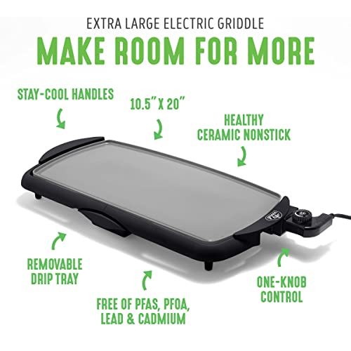 GreenLife 20” Extra Large Electric Griddle, Non-Toxic PFAS & PFOA-Free Ceramic Nonstick, Temperature Control, Quick Even Heating, Removable Drip Tray, Pancakes, Eggs, Sausage, Easy Clean, Black
