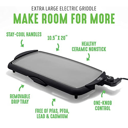 GreenLife 20” Extra Large Electric Griddle, Non-Toxic PFAS & PFOA-Free Ceramic Nonstick, Temperature Control, Quick Even Heating, Removable Drip Tray, Pancakes, Eggs, Sausage, Easy Clean, Black
