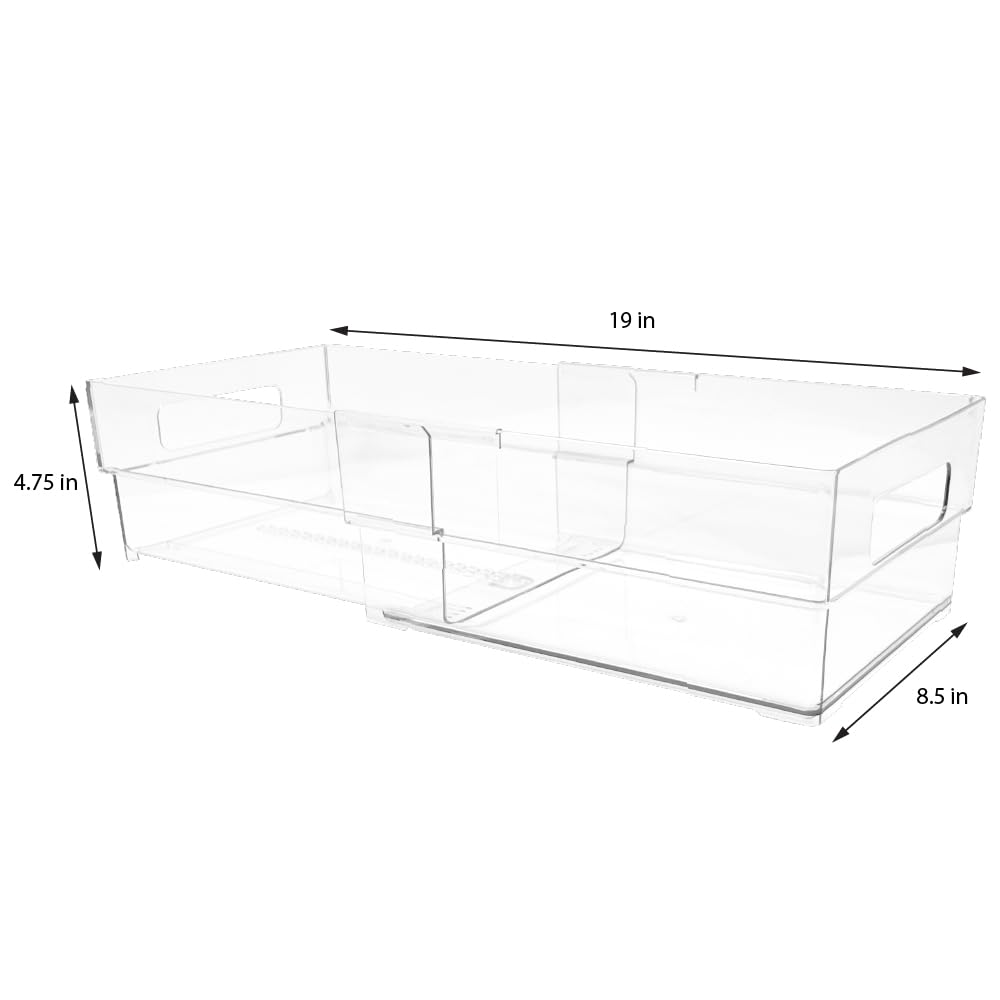 Isaac Jacobs 2-Pack Clear Expandable Storage Bins - Medium, 11"-19" L x 8.5" W x 4.8" H, Plastic Organizer with Cut-Out Handles, Adjustable Length from 11-19" for Home, Kitchen & Office
