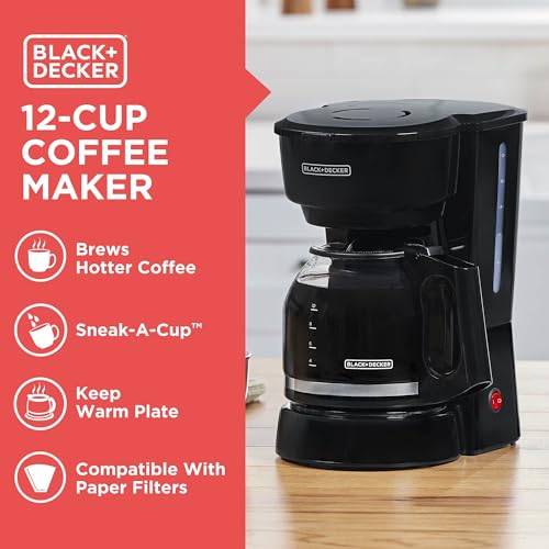 BLACK+DECKER 12-Cup Coffee Maker with Easy On/Off Switch, Easy Pour, Non-Drip Carafe with Removable Filter Basket, Black