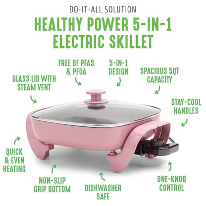 GreenLife12" 5QT Square Electric Skillet, Glass Vented Lid, Ceramic PFAS-Free Nonstick Coated Interior, Adjustable Temperature Control, Cool Touch Handles, Quick Even Heating, Scratch Resistant, Pink