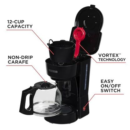 BLACK+DECKER 12-Cup Coffee Maker with Easy On/Off Switch, Easy Pour, Non-Drip Carafe with Removable Filter Basket, Black