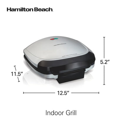 Hamilton Beach Electric Indoor Grill, 6-Serving, Large 90 sq. in. Nonstick Easy Clean Plates, Floating Hinge for Thicker Foods, 1200 Watts, 6.38"D x 12.68"W x 13.78"H , Silver (25371)